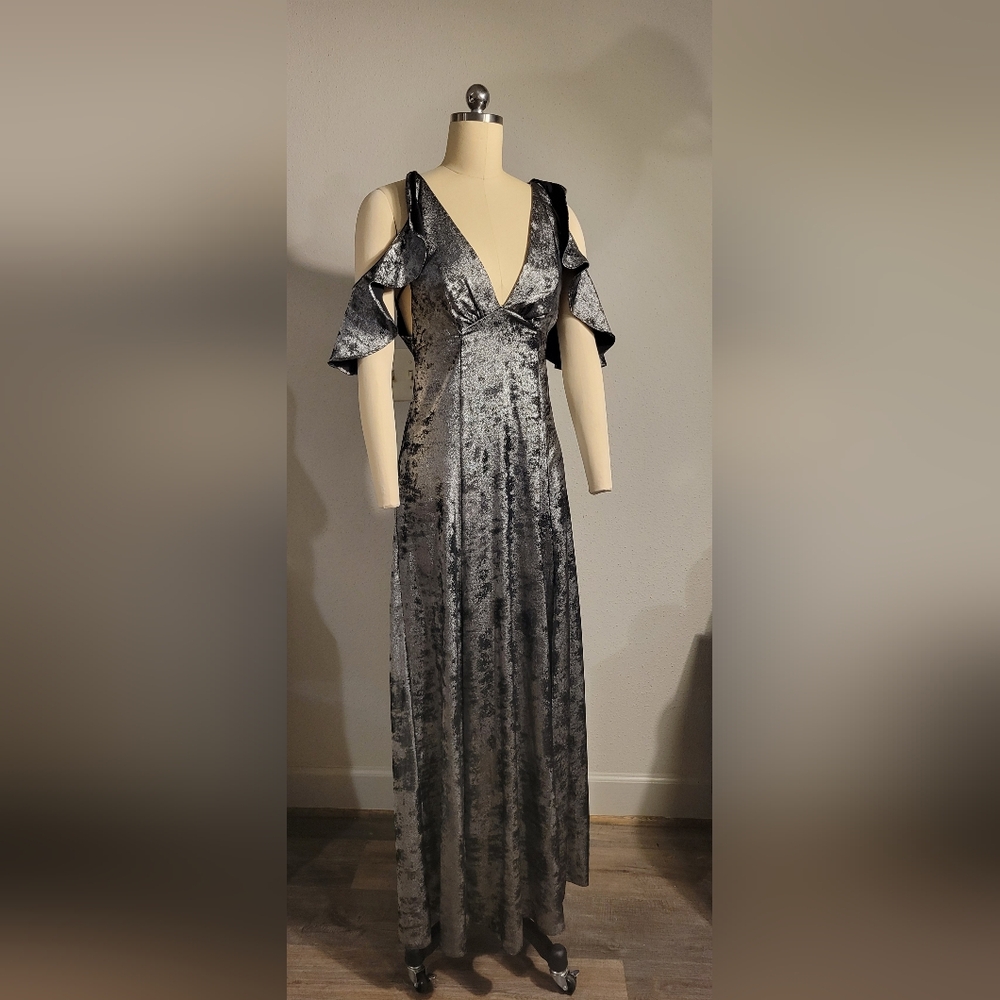 Silver Cold Shoulder Maxi Dress Low Cut Front and Double Slits